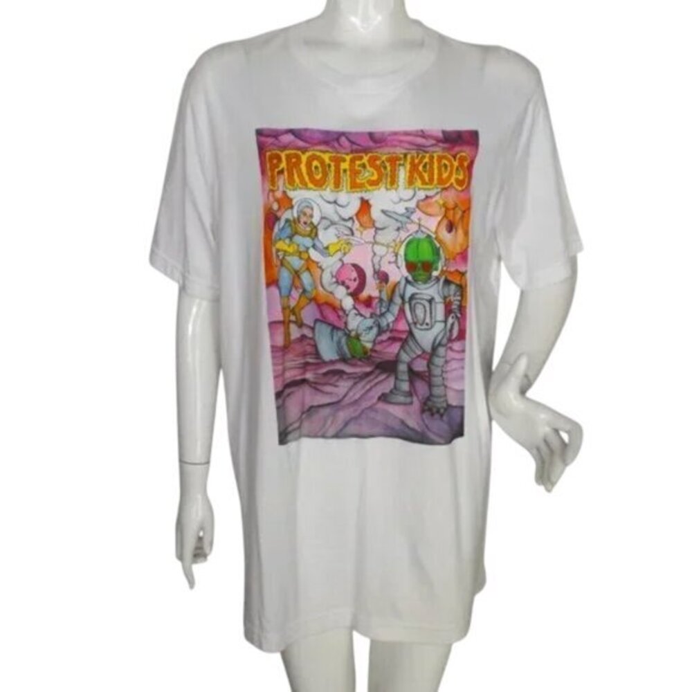 PROTEST KIDS Band Shirt, XL, White, Alien/Human cartoon print, Short sleeves
